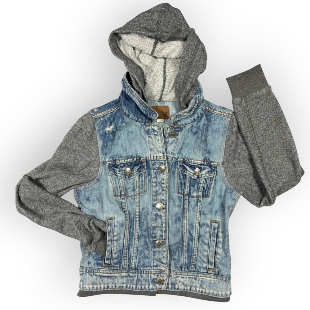 American Eagle Grunge Womens Denim Jacket Gray Knit Sleeves Hooded Sm Skate